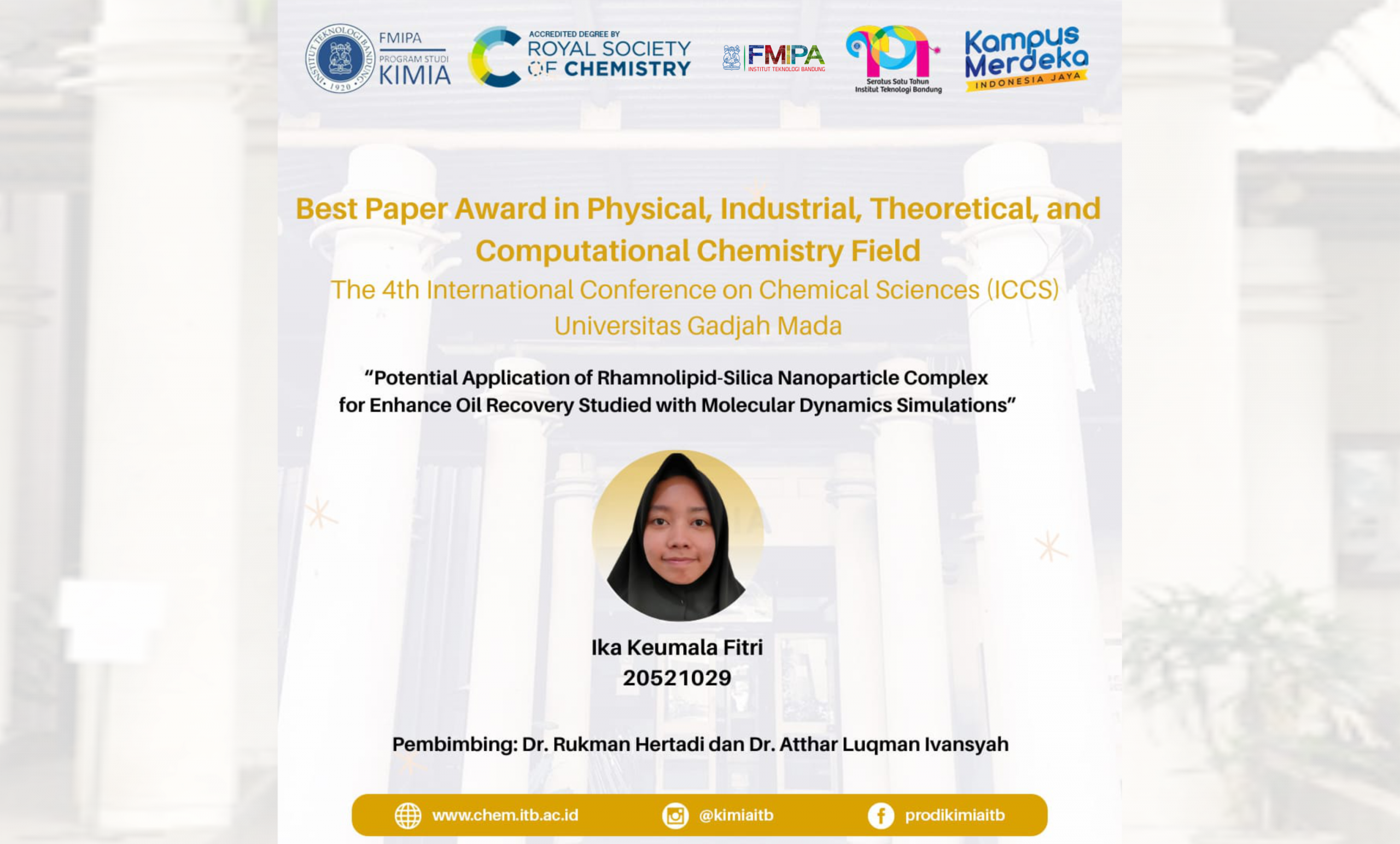 Mahasiswi S2 meraih Best Paper pada International Conference on Chemical Sciences 2021