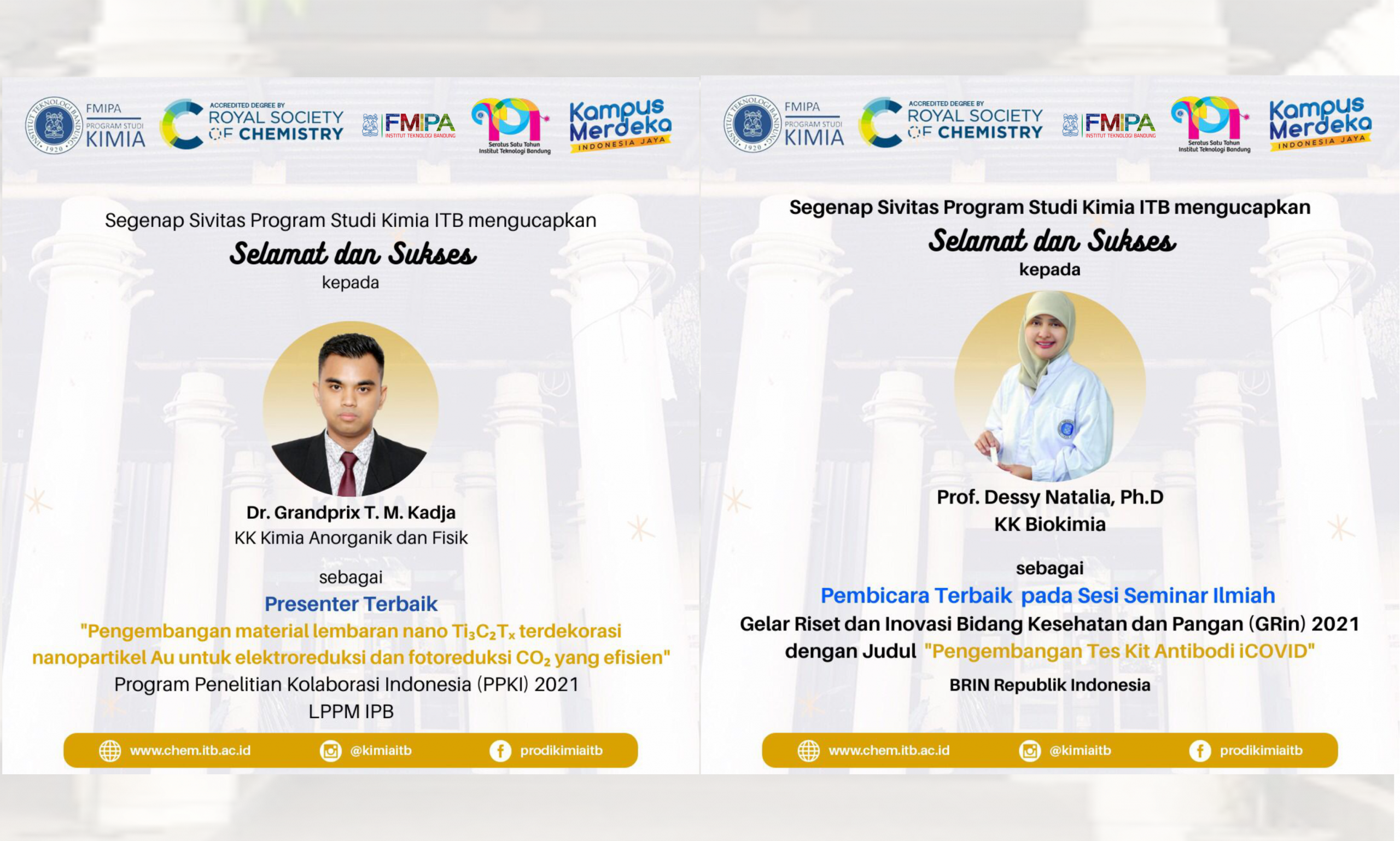 Prof. Dessy Natalia, Ph.D dan Dr. Grandprix T.M. Kadja Dosen Kimia FMIPA ITB, meraih penghargaan sebagai Pembicara dan Presenter Terbaik