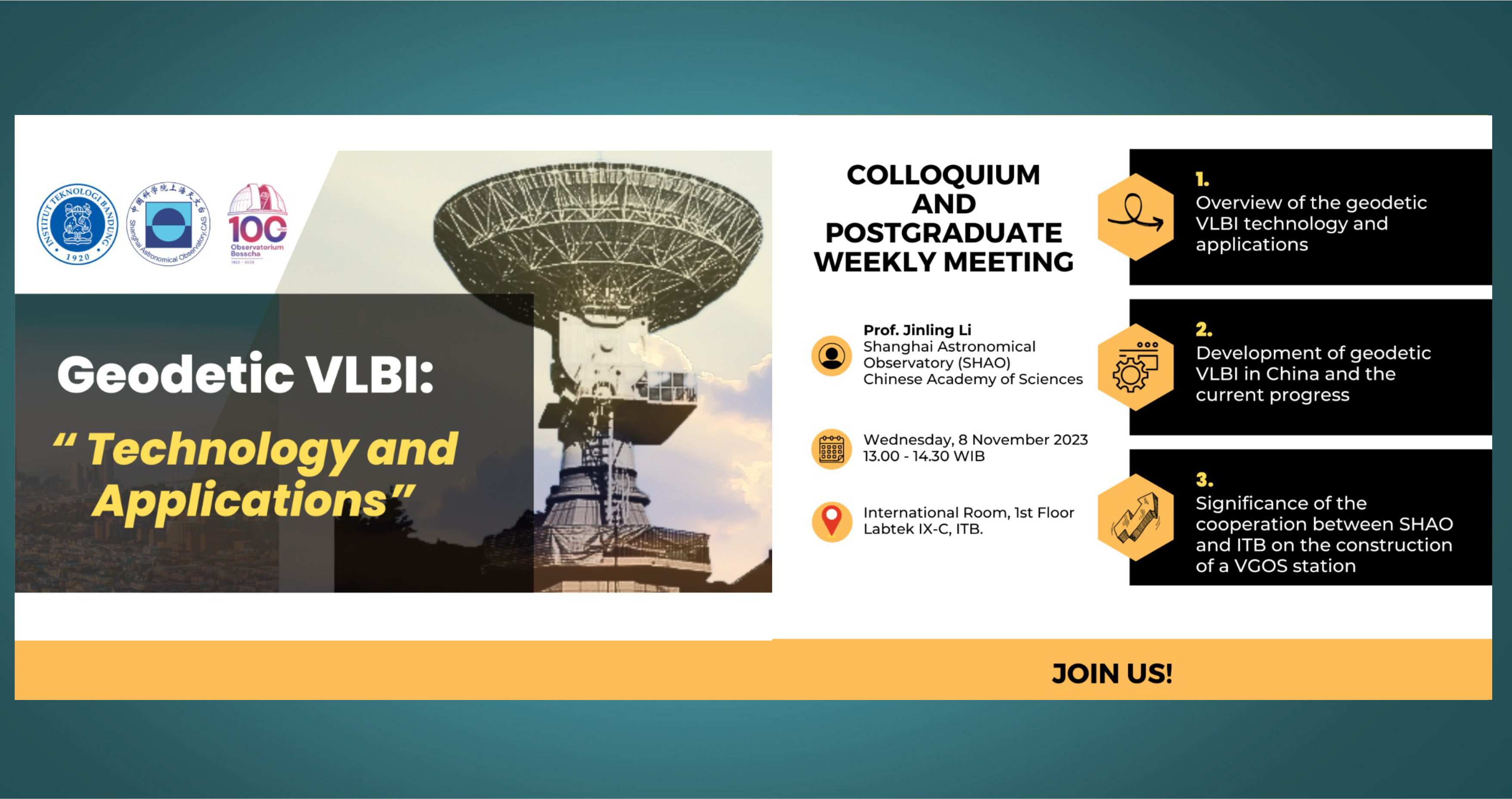 Colloquium  and Postgraduate weekly Meeting, pemateri Prof. Jinling Li dari Shanghai Astronomical Observatory (SHAO)