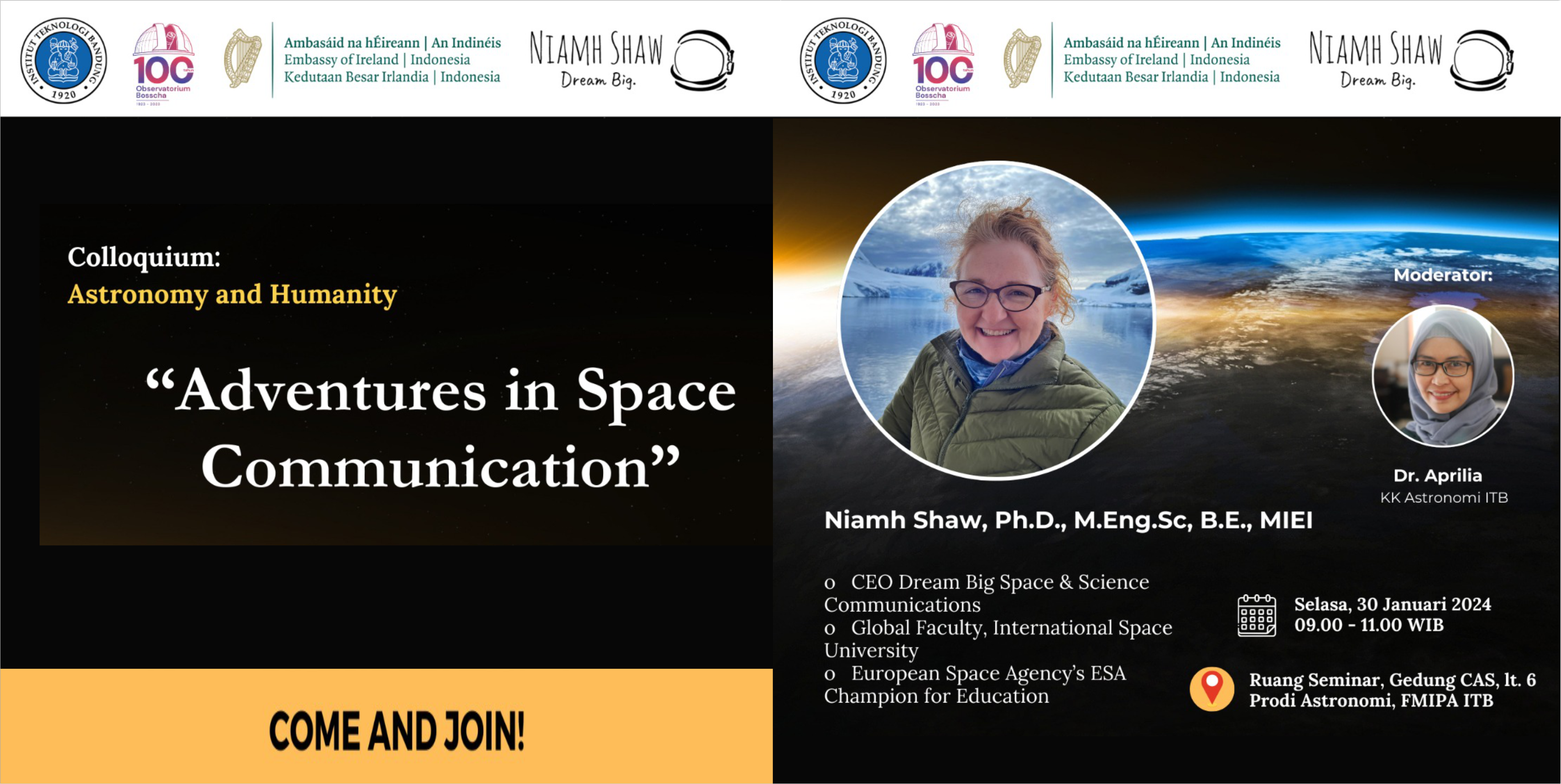 Kolokium Astronomi: “Adventures in Space Communication” Pembicara Niamh Shaw, Ph. D, M. Eng. Sc., B. E., MIEI