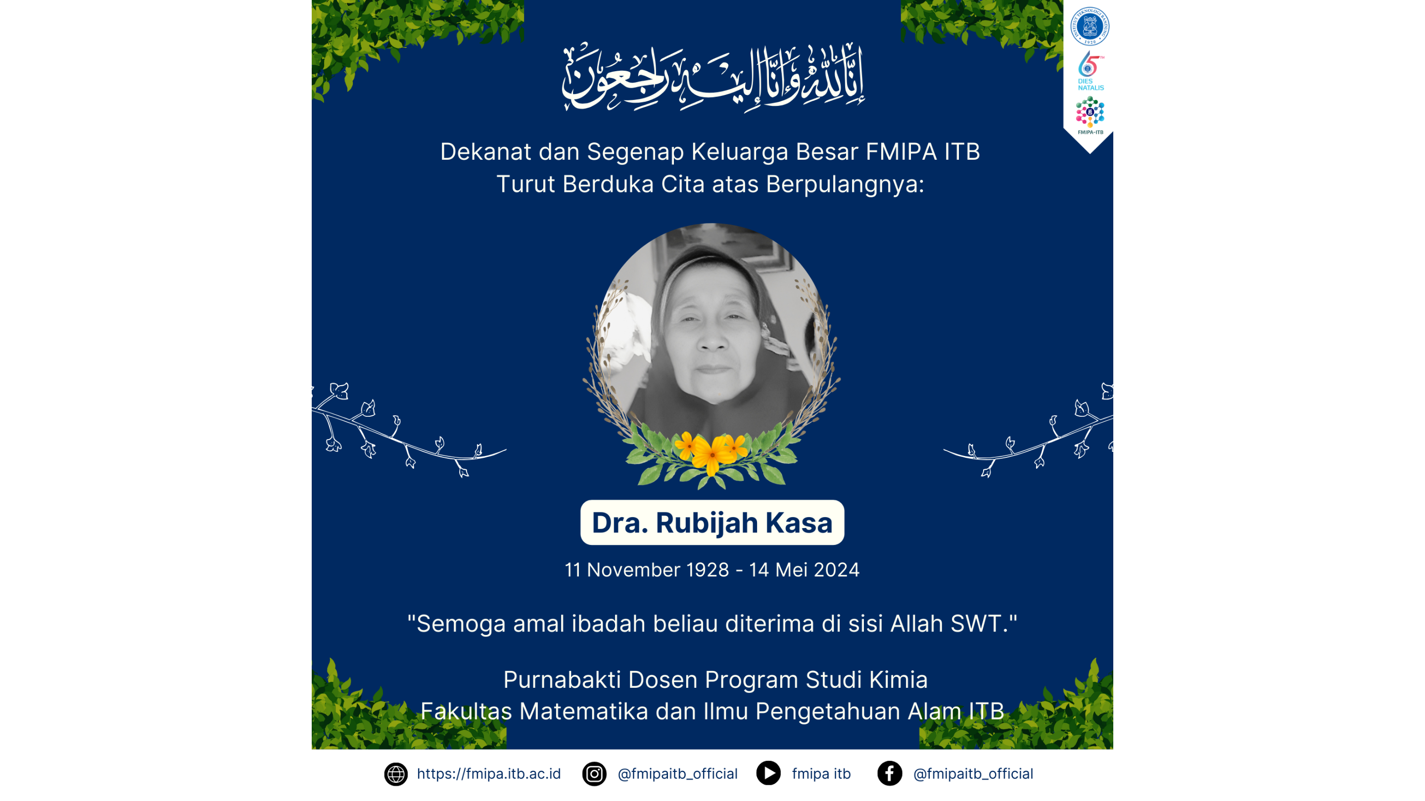ORBITUARI: Dra. Rubijah Kasa Purnabakti Dosen Kimia FMIPA ITB.