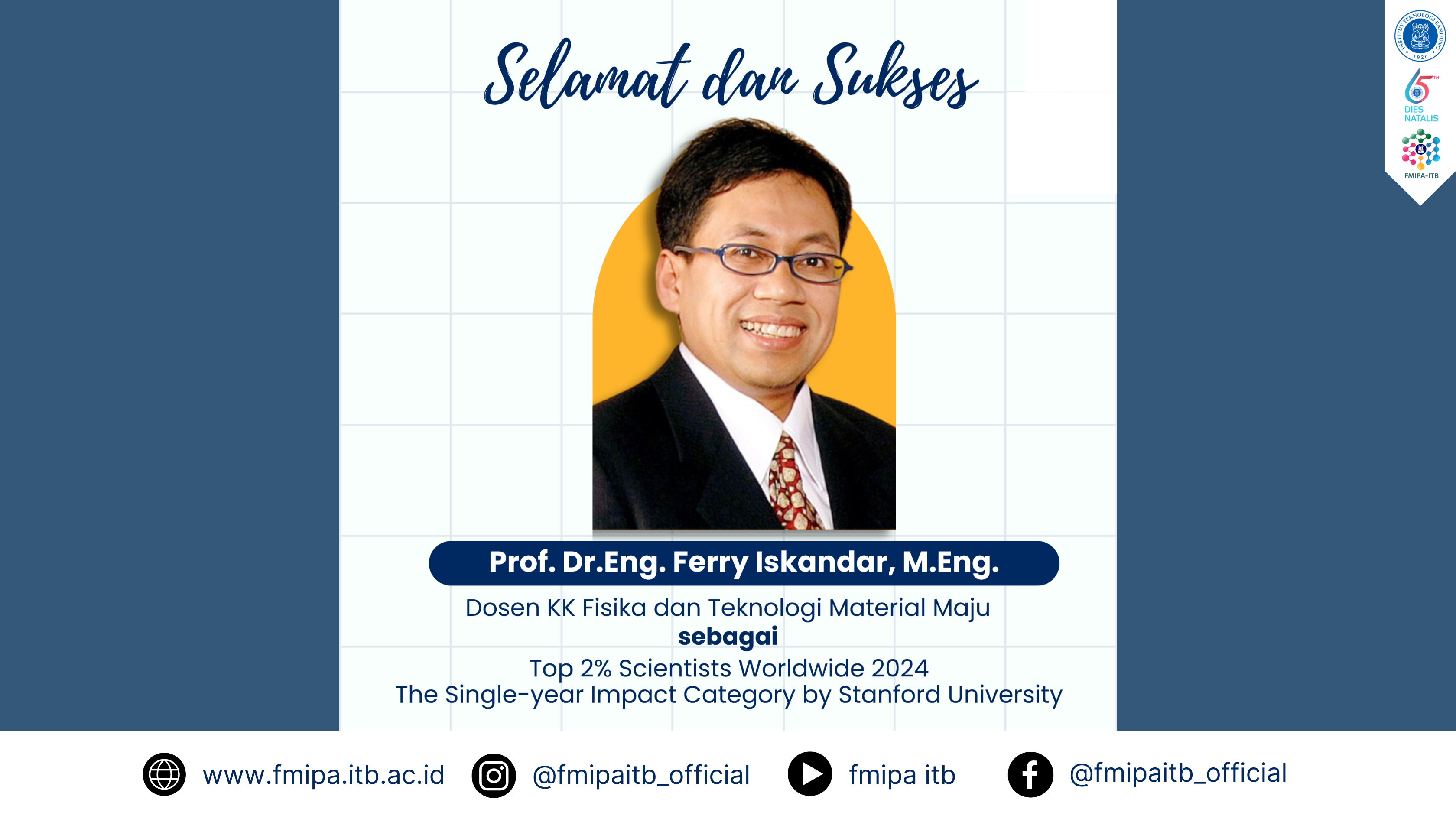 selamat dan sukses kepada Prof. Dr.Eng. Ferry Iskandar, M.Eng. (Dosen KK Fisika dan Teknologi Material Maju) atas capaian sebagai Top 2% Scientists Worldwide 2024 The Single-year Impact Category by Stanford University.