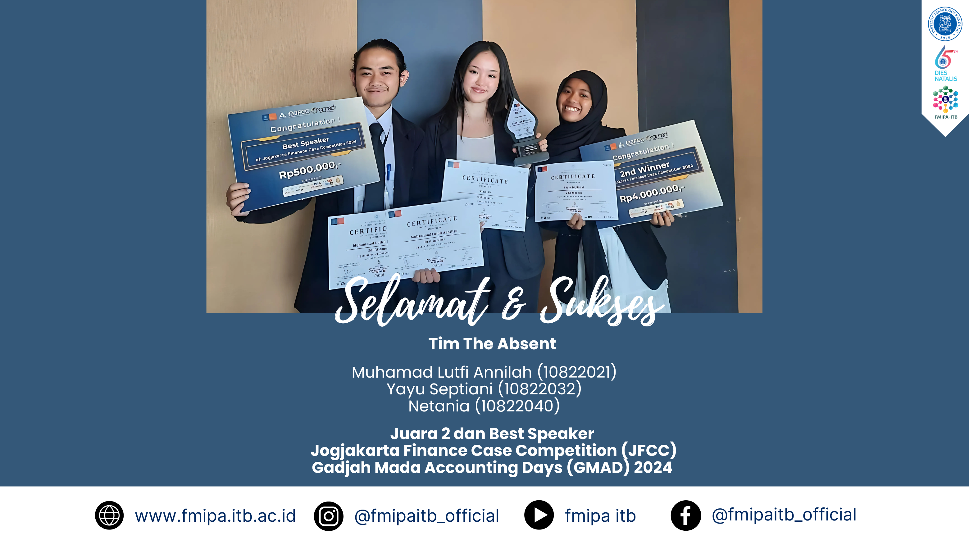 Selamat dan Sukses Kepada Tim The Absent (Mahasiswa Program Studi Aktuaria Angkatan 2022) berhasil meraih Juara 2 dan Best Speaker Jogjakarta Finance Case Competition (JFCC) Gadjah Mada Accounting Days (GMAD) 2024.